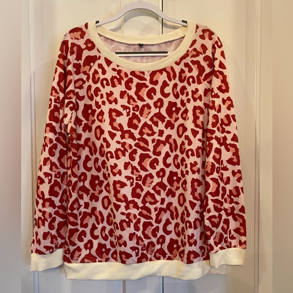 Pink/Red/Cream Leopard Pattern Crew Neck Top XL